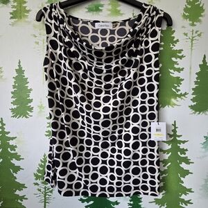 Calvin Klein Black and White Circle Print Cowl Neck Top.